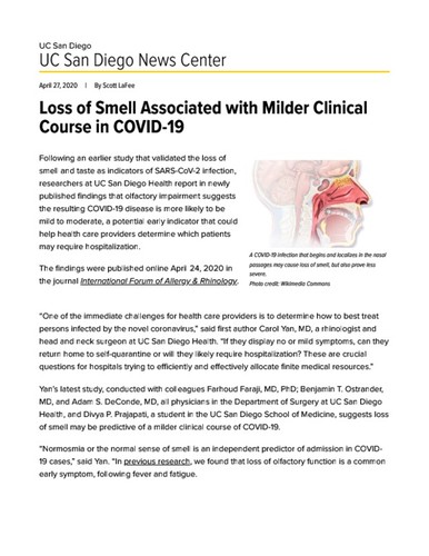 Loss of Smell Associated with Milder Clinical Course in COVID-19