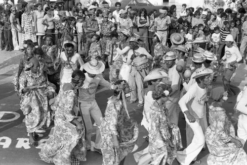 Cumbiamba La Tabaquera dancers performing, Barranquilla, Colombia, 1977