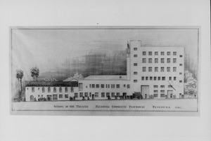 An architect's sketch of the new and old sections of the Pasadena Playhouse, ca. 1930