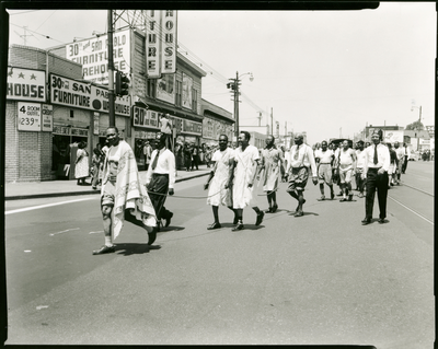 Masons marching in parade at 30th and San Pablo street, Oakland, California