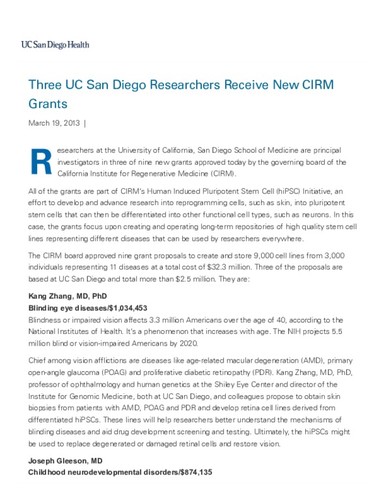 Three UC San Diego Researchers Receive New CIRM Grants
