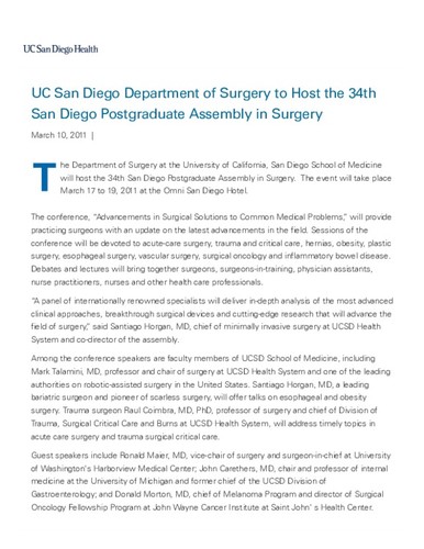 UC San Diego Department of Surgery to Host the 34th San Diego Postgraduate Assembly in Surgery
