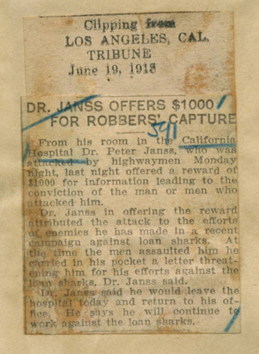 Dr. Janss offers $1000 for robbers' capture