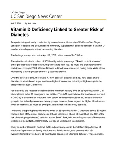 Vitamin D Deficiency Linked to Greater Risk of Diabetes