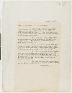 C.W. Post, letter, 1914-08-20, to Hamlin Garland