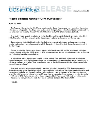 Regents authorize naming of "John Muir College"