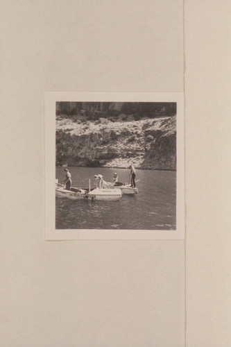 The "Mexican Hat" and the "Botany" with crews at the head of Lake Mead. Left to right: Lois Jotter; Lorin Bell; William Gibson; Del Reed