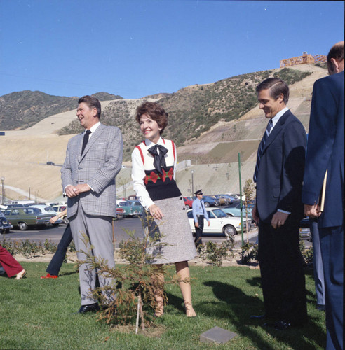 Ronald and Nancy Reagan during Pepperdine University tree planting dedication, 1973