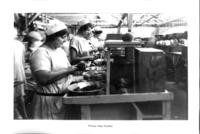 Cannery workers pitting cling peaches