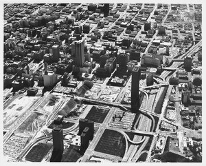 Aerial view of central downtown Los Angeles, Third Street, Harbor Freeway, Pershing Square, Wilshire Boulevard