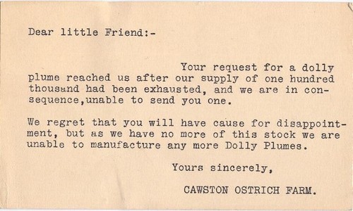 Cawston Ostrich Farm Correspondence Postcard: Dolly Plumes