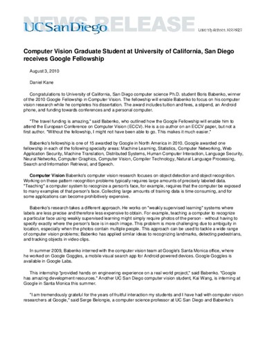 Computer Vision Graduate Student at University of California, San Diego receives Google Fellowship