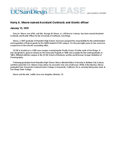 Harry A. Moore named Assistant Contracts and Grants officer