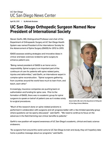 UC San Diego Orthopedic Surgeon Named New President of International Society