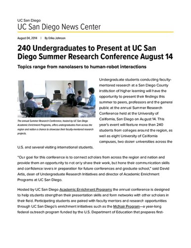240 Undergraduates to Present at UC San Diego Summer Research Conference August 14
