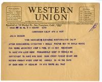 Telegram from William Hearst to Julia Morgan, April 2, 1927
