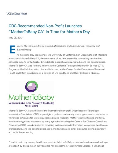 CDC-Recommended Non-Profit Launches "MotherToBaby CA" In Time for Mother's Day