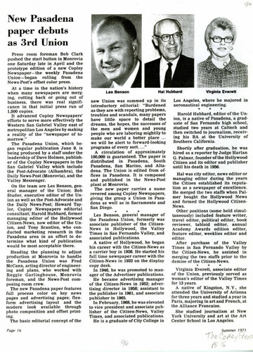 Harold and Pasadena Union debut article, Copley Press, pg 16, Summer 1971