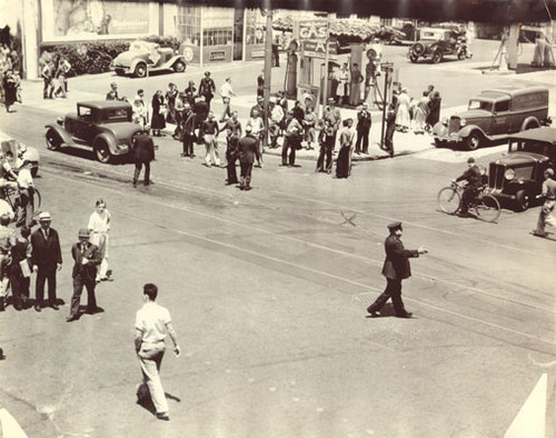 [Street scene at gas station during Waterfront strike of 1934]