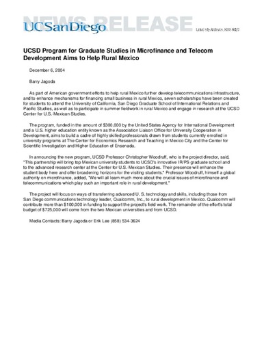 UCSD Program for Graduate Studies in Microfinance and Telecom Development Aims to Help Rural Mexico