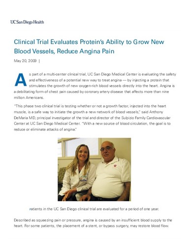 Clinical Trial Evaluates Protein’s Ability to Grow New Blood Vessels, Reduce Angina Pain