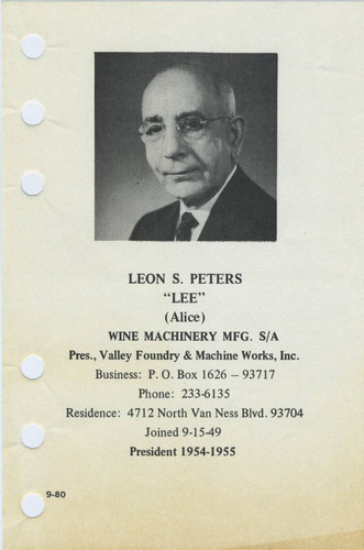 Leon Peters biographical information for Rotary Club