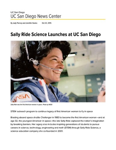 Sally Ride Science Launches at UC San Diego
