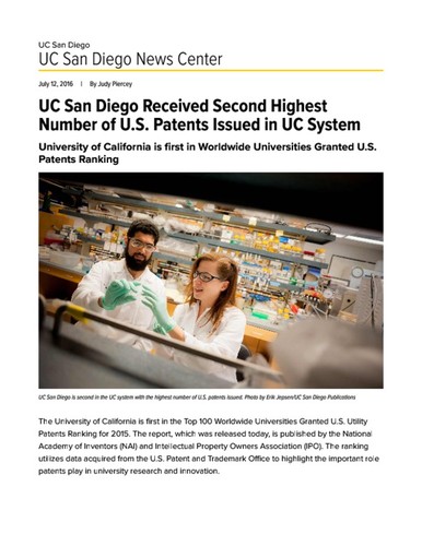 UC San Diego Received Second Highest Number of U.S. Patents Issued in UC System