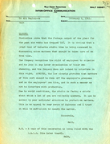 Disney memo prior to 1941 cartoonists' strike