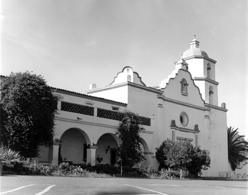 Mission San Luis Rey mission façade close-up from left in San Diego County, CA