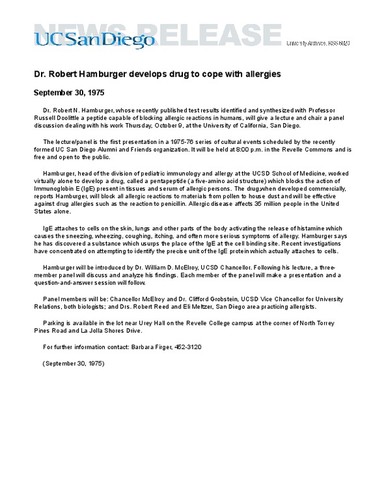Dr. Robert Hamburger develops drug to cope with allergies