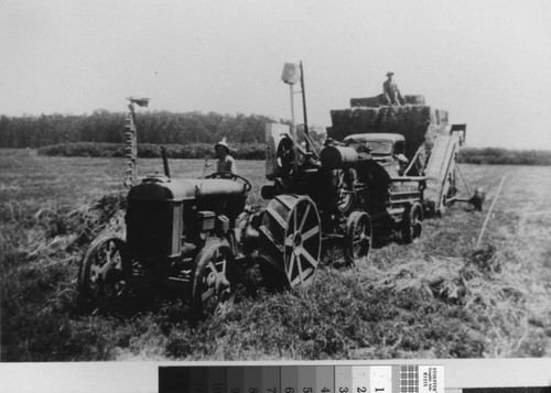 Photograph of Capaul Ranch bailing hay, Meridian (Calif.)