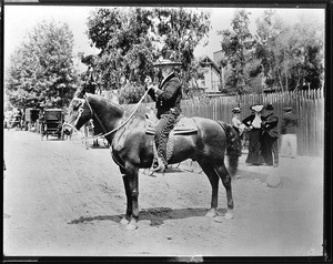 Dixie W. Thompson, a rider from Santa Barbara, at the La Fiesta Parade, ca.1901