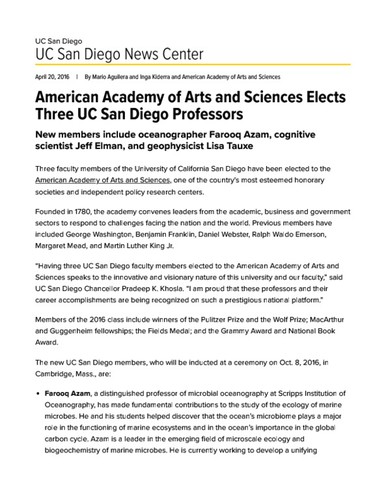 American Academy of Arts and Sciences Elects Three UC San Diego Professors