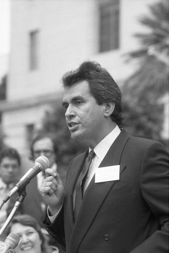 Richard Alatorre speaking to a crowd at City Hall, Los Angeles, 1986