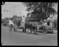 Girls riding an ox cart during the Old Spanish Days Fiesta, Santa Barbara, 1930