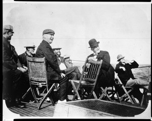 Group of Sunset Club members enjoying themselves on the deck of a steamer, ca.1910