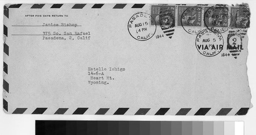 Letter, 1944 August 15, Pasadena, Calif. to Mrs. Estelle Ishigo, Heart Mountain, Wyo