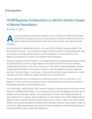 UCSD/Egyptian Collaboration to Identify Genetic Causes of Mental Retardation