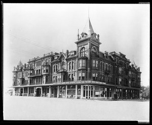 Exterior view of the Hughes Hotel in Fresno, ca.1890