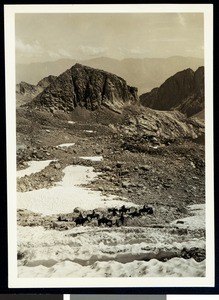 A group of people horseback riding in a rocky mountainous area, ca.1930