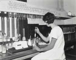 Hertha Lynch testing milk at the Petaluma Cooperative Creamery, about 1930
