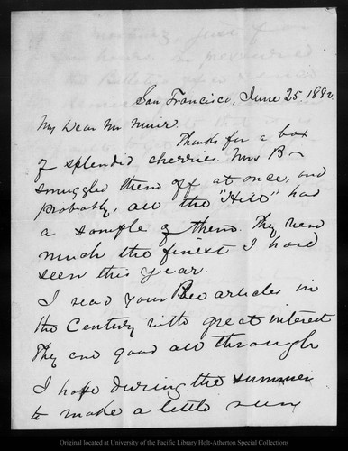 Letter from Wm. C. Bartlett to John Muir, 1882 Jun 25
