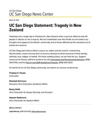 UC San Diego Statement: Tragedy in New Zealand