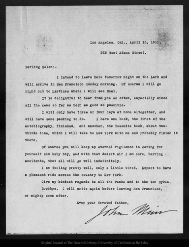 Letter from John Muir to Helen [Muir Funk], 1911 Apr 15