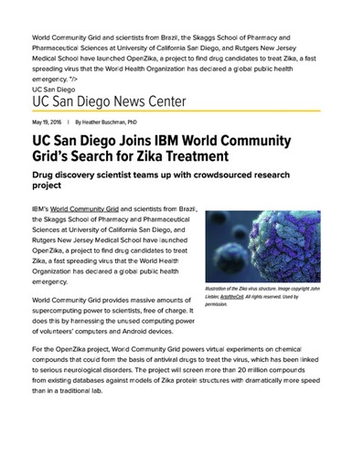 UC San Diego Joins IBM World Community Grid’s Search for Zika Treatment
