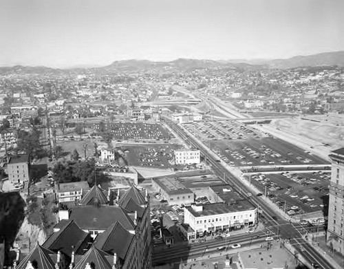 Los Angeles aerial view looking west from Temple and Broadway