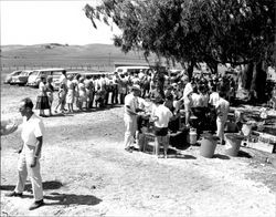 Crowd lined up for the Spanish barbeque at the Old Adobe Fiesta, Petaluma, California, August 1962