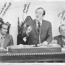 Hubert Humphrey, longtime U.S. Senator from Minnesota, 38th Vice President (under LBJ, 1965-1969), Democratic nominee for President, 1968 speaking in Assembly Chamber in Sacramento, with Moretti, Karabian and Marks in background