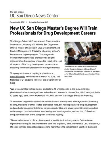 New UC San Diego Master’s Degree Will Train Professionals for Drug Development Careers